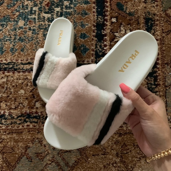 Prada Shoes - Prada Pink Fur / Shearling Stripe Slides